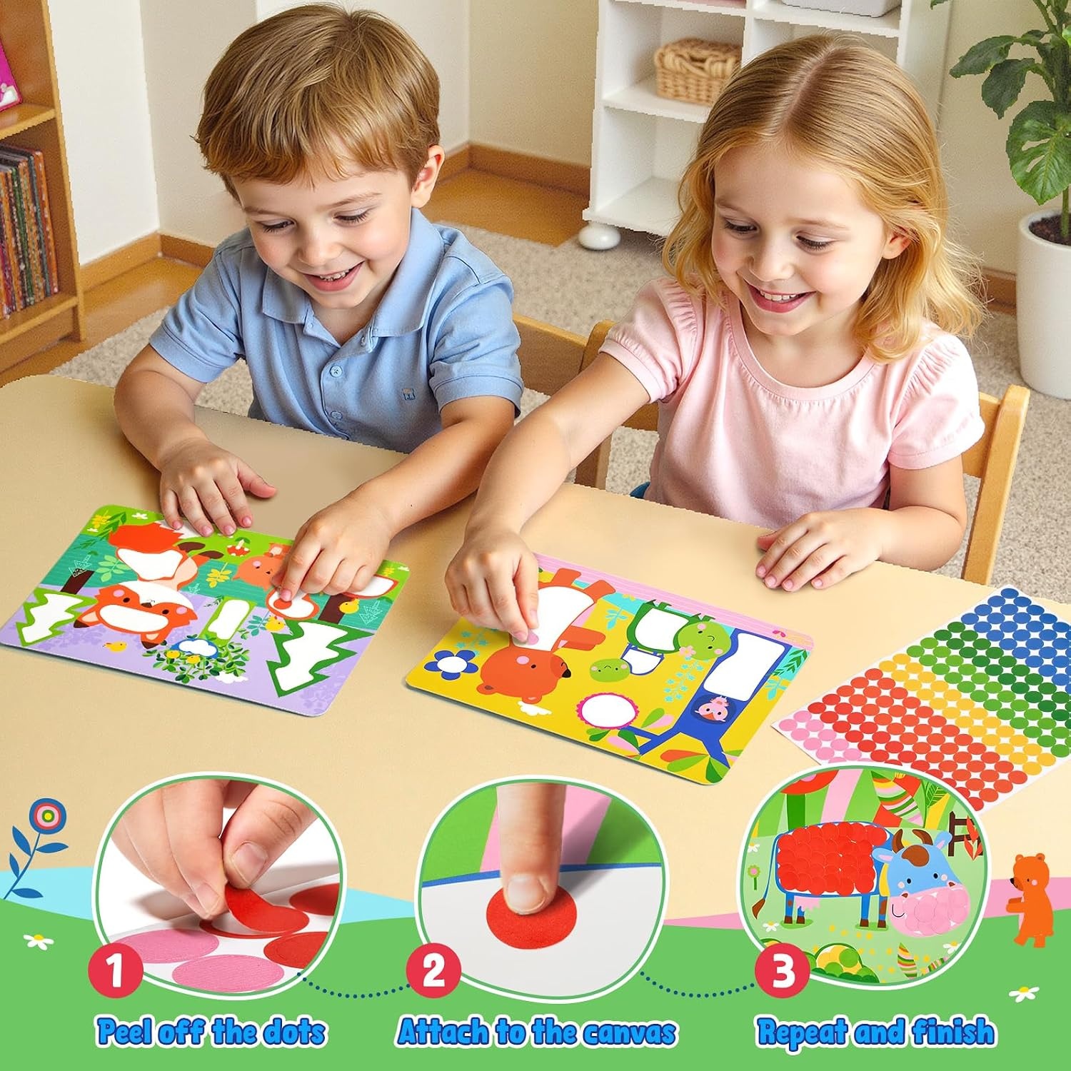 image:imageJoyCat 24 Pack Dinosaur Animal Dot Art Craft Kits for Kids Party Favors MessFree Dot Sticker Activity Set with 4800 Stickers amp Goodie Bags Classroom Prizes Goodie Bag Stuffers for Ages 38