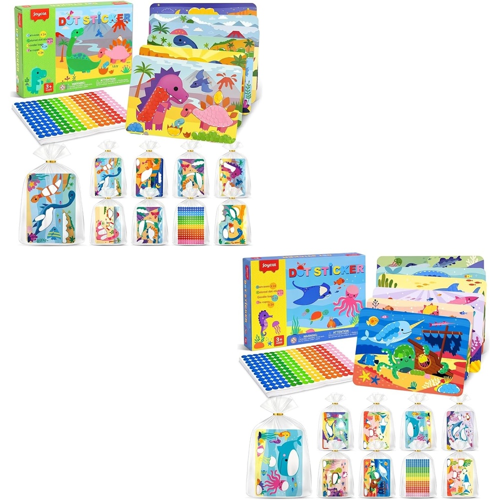 image:imageJoyCat 24 Pack Dinosaur Ocean Dot Art Craft Kits for Kids Party Favors MessFree Dot Sticker Activity Set with 4800 Stickers amp Goodie Bags Classroom Prizes Goodie Bag Stuffers Toys for Ages 38