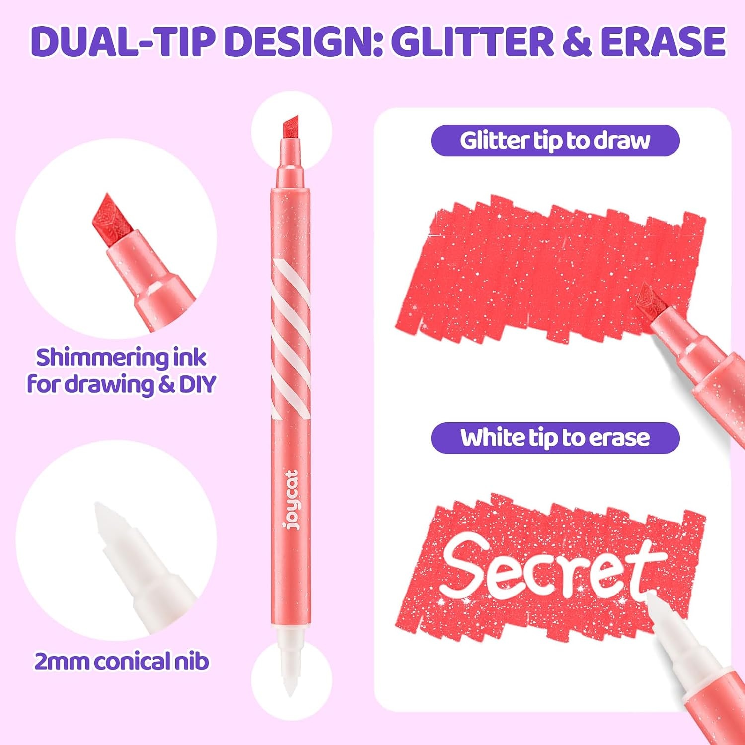 image:imageJoyCat 10Color Erasable Glitter Markers for Kids Dual Tip Sparkle PensGlitter Erasable Markers