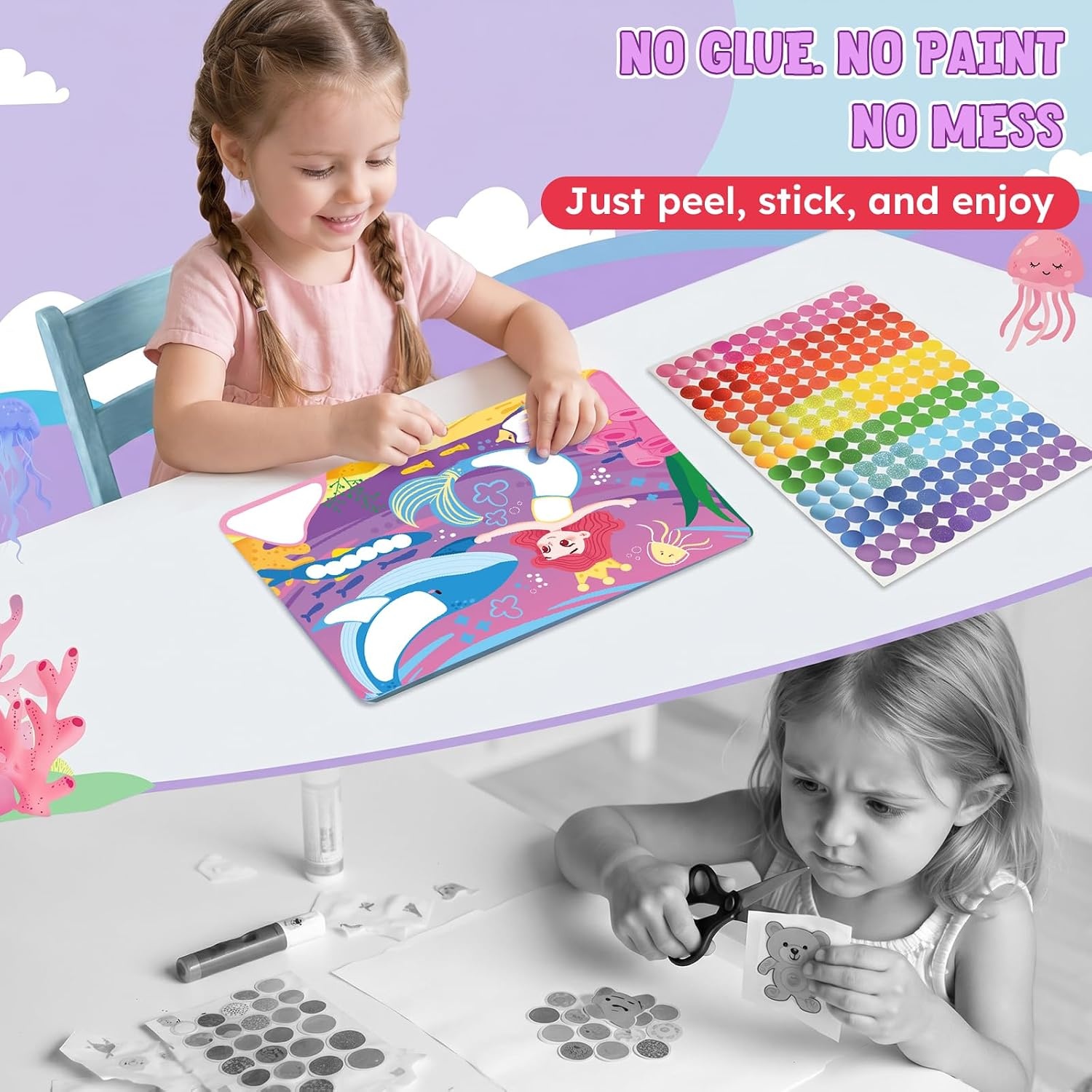 image:imageJoyCat 12 Pack MermaidAnimal Dot Art Craft Kits for Kids Party Favors MessFree Dot Sticker Activity Set with 2400 Stickers amp Goodie Bags Classroom Prizes Goodie Bag Stuffers for Ages 38