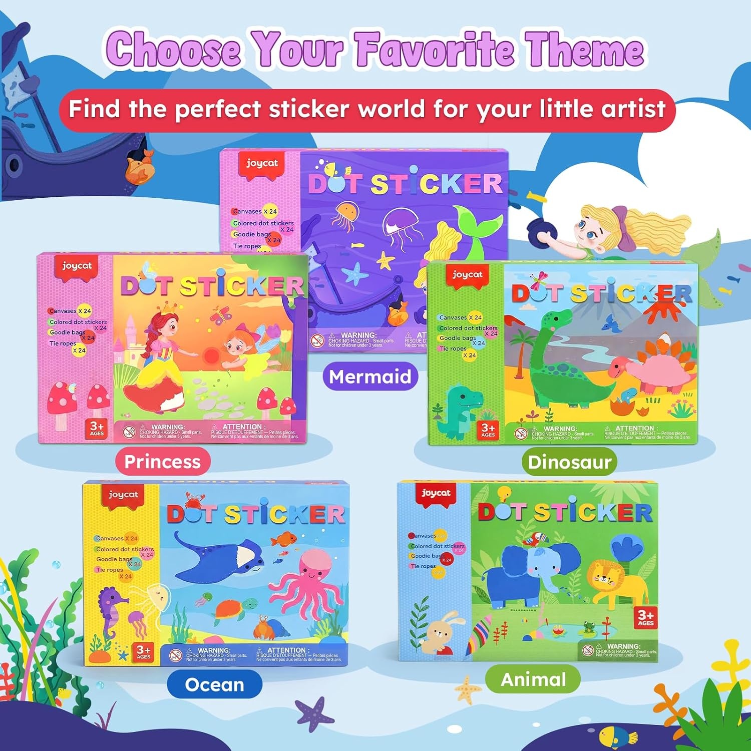 image:imageJoyCat 12 Pack MermaidAnimal Dot Art Craft Kits for Kids Party Favors MessFree Dot Sticker Activity Set with 2400 Stickers amp Goodie Bags Classroom Prizes Goodie Bag Stuffers for Ages 38